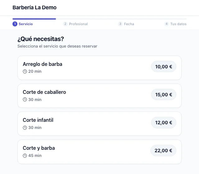 Web de reservas de Kalenci: el cliente elige el servicio, con su duración y su precio