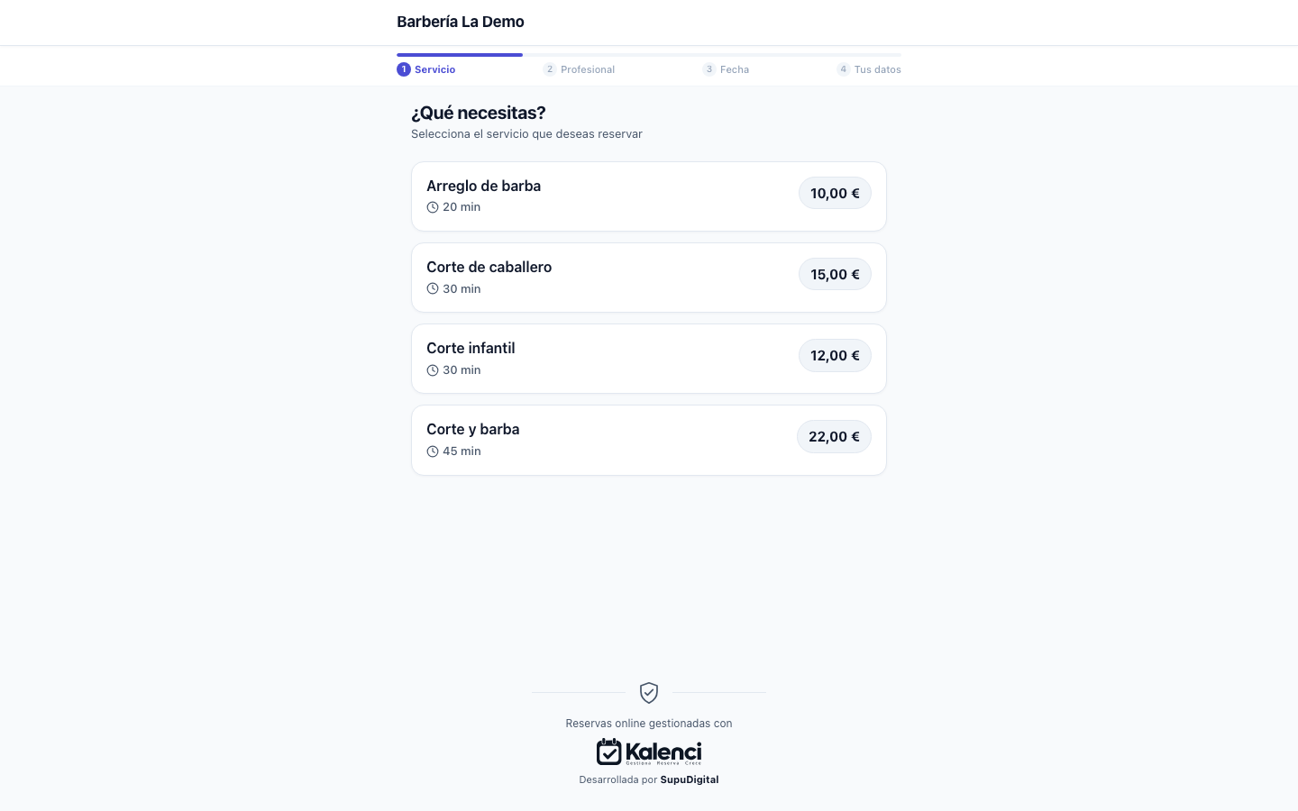 Web de reservas de Kalenci: lista de servicios con duración y precio