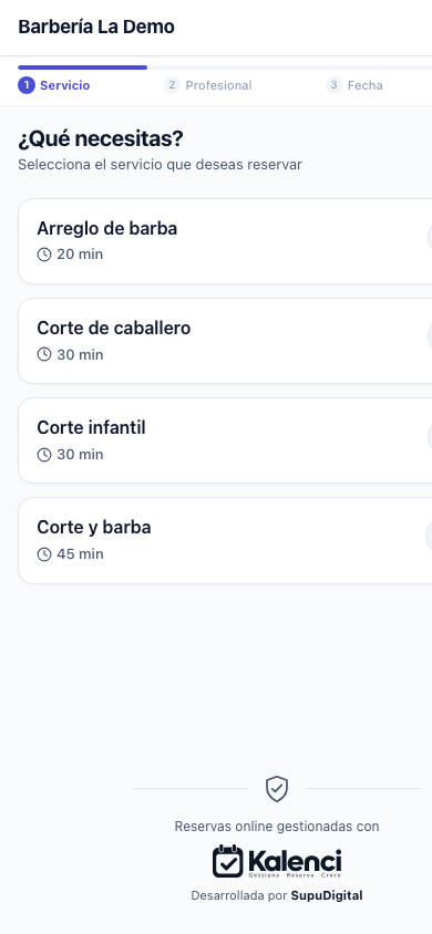 Pantalla de reserva de Kalenci en el móvil: elegir servicio con precio y duración